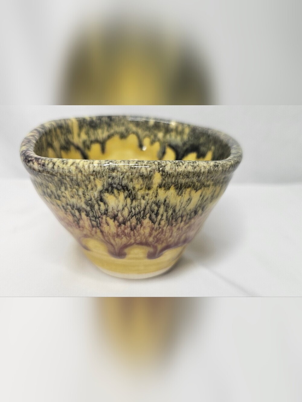 Vintage Studio Pottery Drip Glaze Small Bowl Signed Yellow Purple Tea Chawan